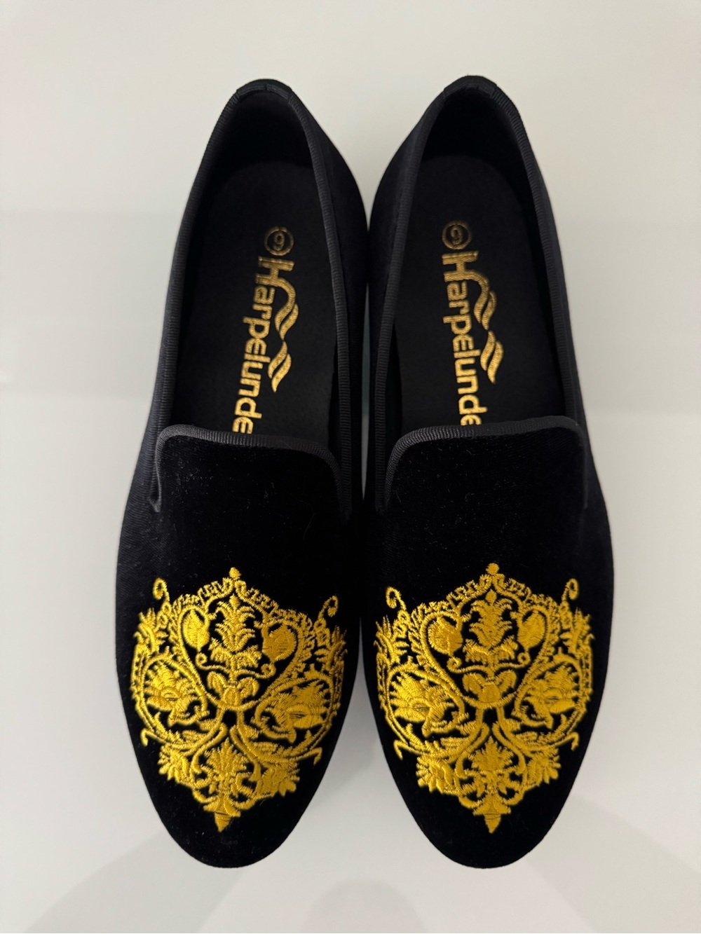 Harpelunde Men’s Black Velvet Slip-On Wedding Slippers Gold Embroidered 9